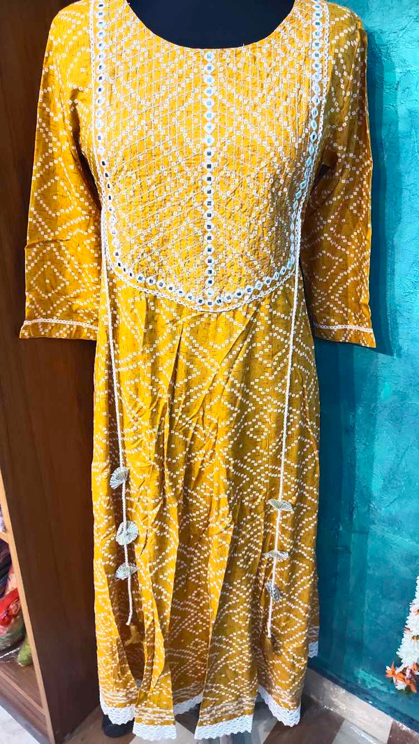 Yellow Bandhini Printed Designed Anarkali Gown