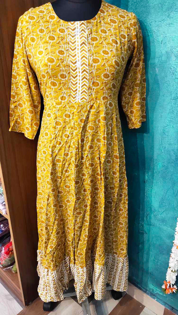 Yellow  Printed Designed Anarkali Gown