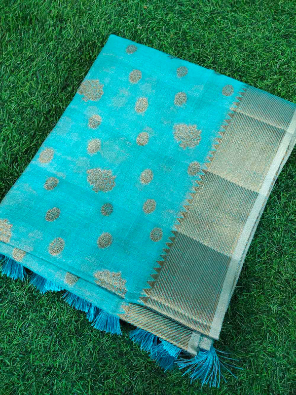 Cyan Chanderi Silk Saree