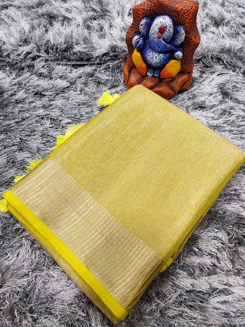 Lemon Yellow Linen tissue saree