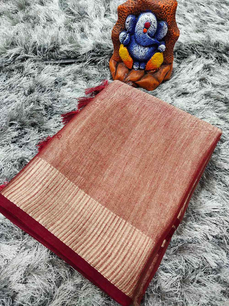 Maroon Linen tissue saree