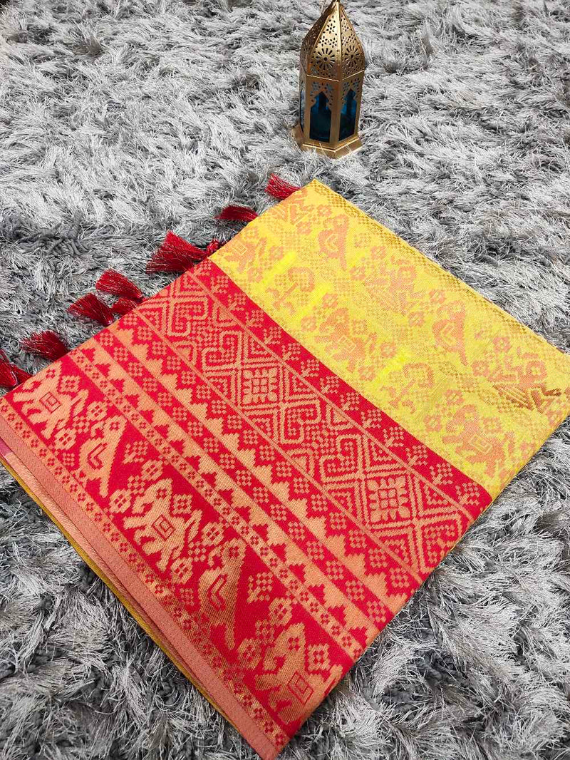 Yellow with Red Fancy Silk Sarees