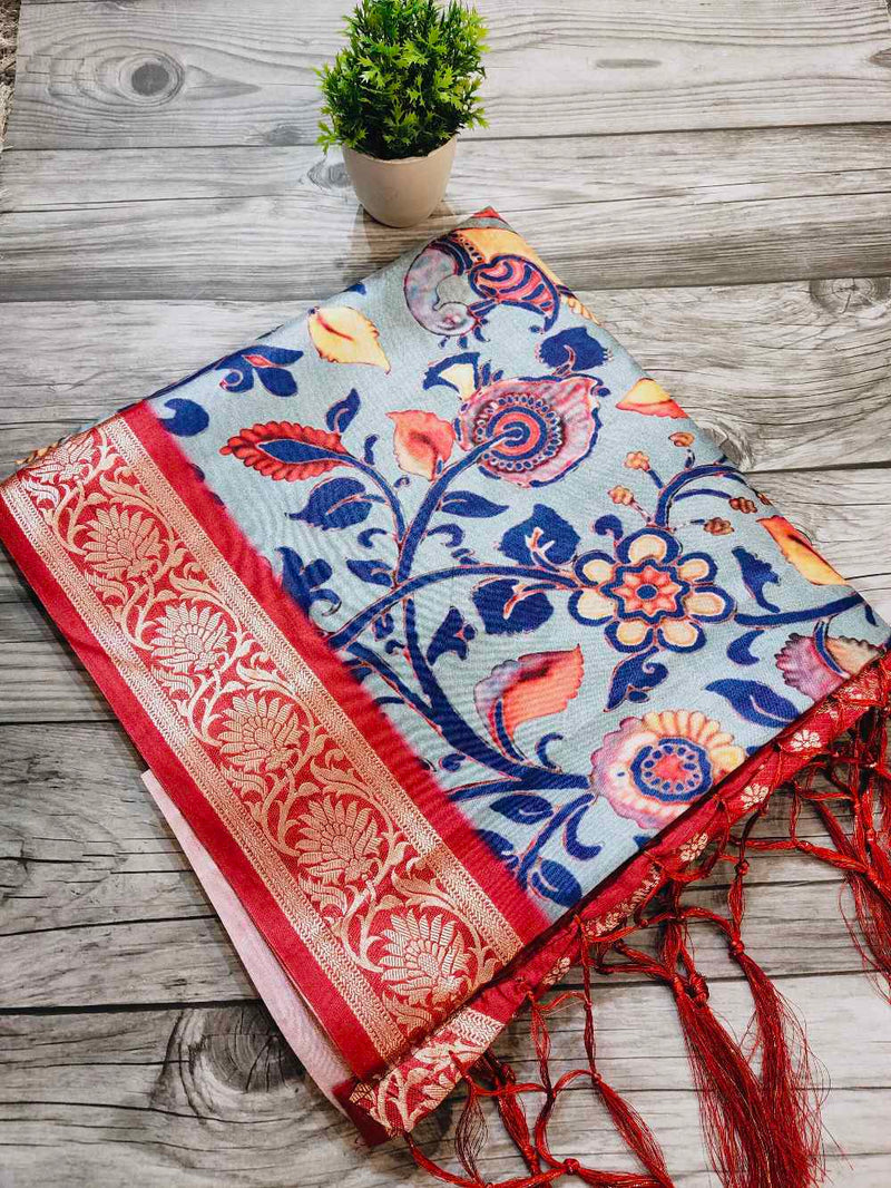 Sky Blue with Red Semi silk saree