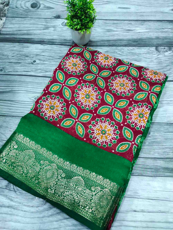 Magenta with Green Linen Cotton Blended saree