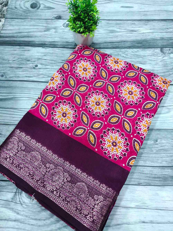 Pink with Wine Linen Cotton Blended saree