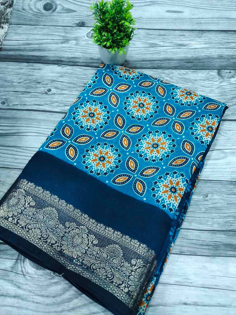 SkyBlue with Navyblue Linen Cotton Blended saree