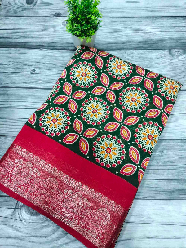 Green with Red Linen Cotton Blended saree