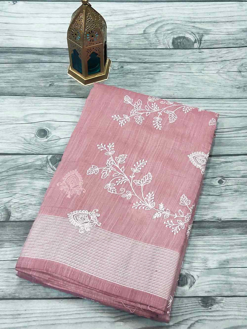 Old rose Pink Linen Cotton Saree