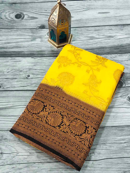 Yellow With Black Khaddi Georgette saree